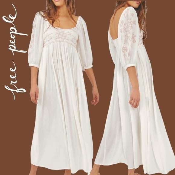 FREE PEOPLE Wedgewood Embroidered Scoop Neck 3/4 Puff Sleeve Maxi Dress/SM NWT - Picture 11 of 16